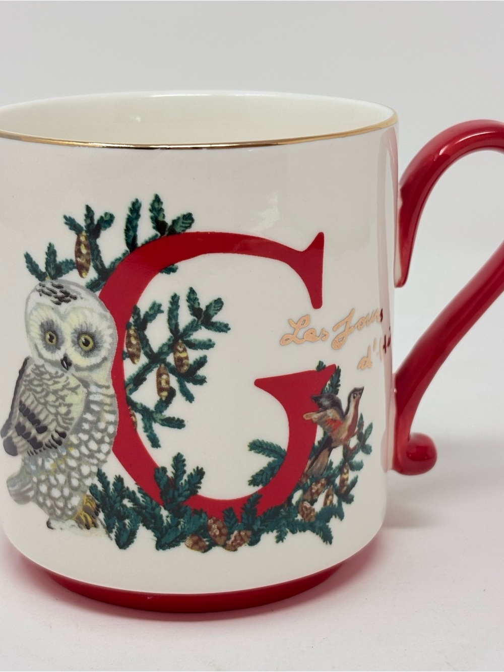 Anthropologie Nathalie Lete Stoneware Holiday Coffee Mug Owl Red Letter C 16oz